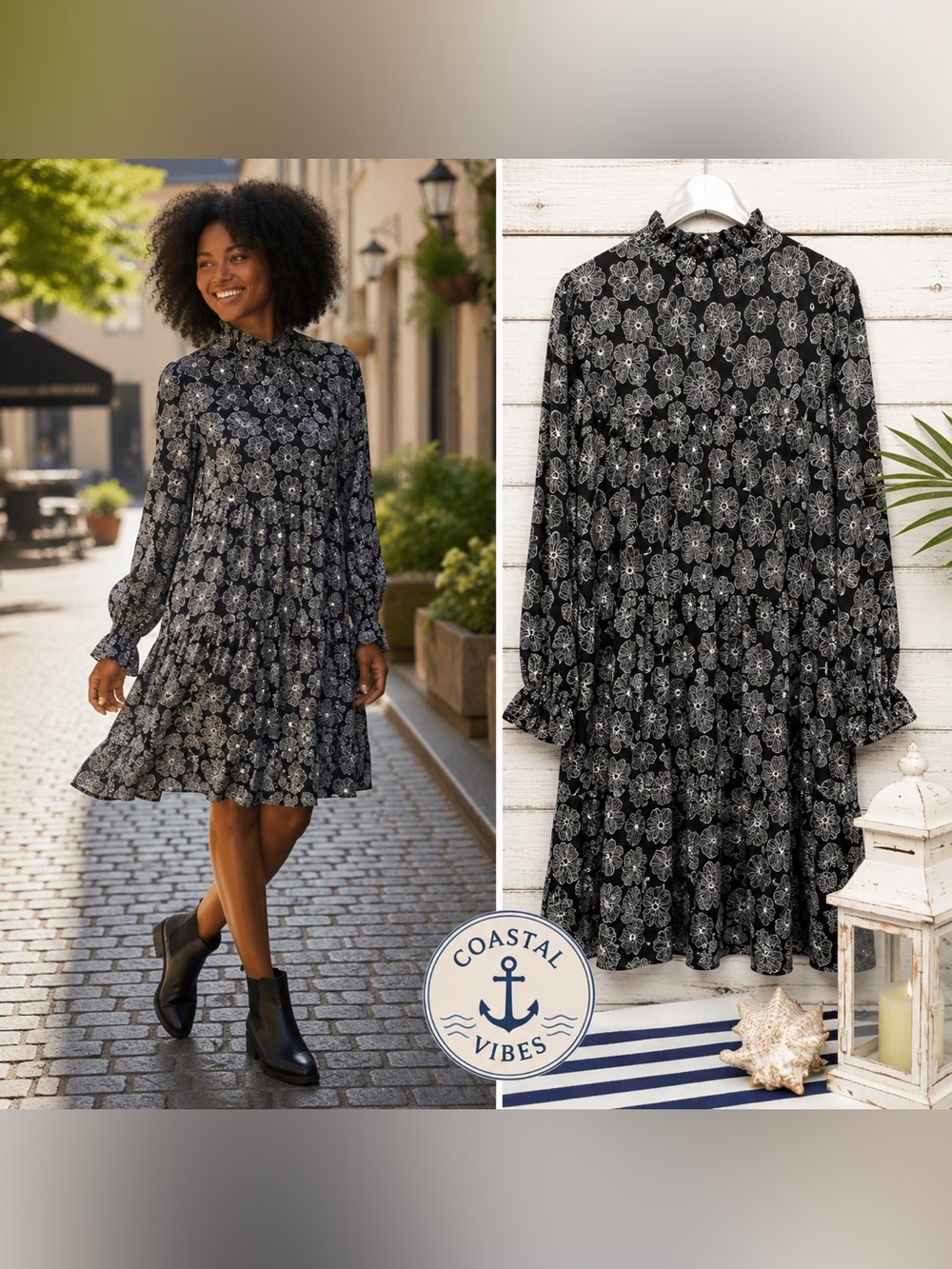 Leota Floral Long Sleeve Dress Women’s 1X Black Beige Mock Neck Ruffle Hem
